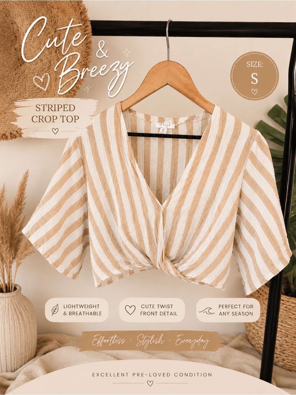 Striped Knotted Crop Top - Beige & White